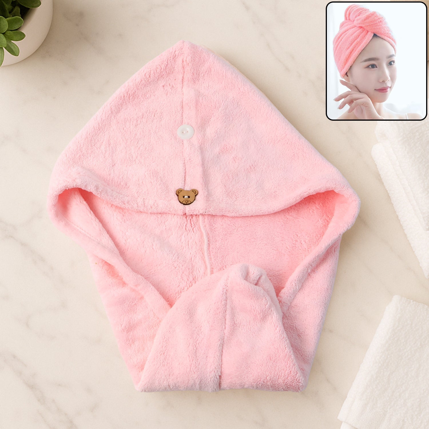 Cute Teddy Bear Button Microfiber Hair Wrap Towel Cute Teddy Bear Button Microfiber Hair Wrap Towel